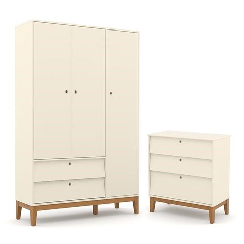 Jogo de Quarto Infantil Unique com Guarda Roupa 3 Portas e Cômoda 3 Gavetas Off White/eco Wood - Mat
