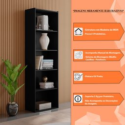 Estante para Livros com 4 Prateleiras 60cm Julia Preto - Montanaris Decor Md Montanaris Decor - 5