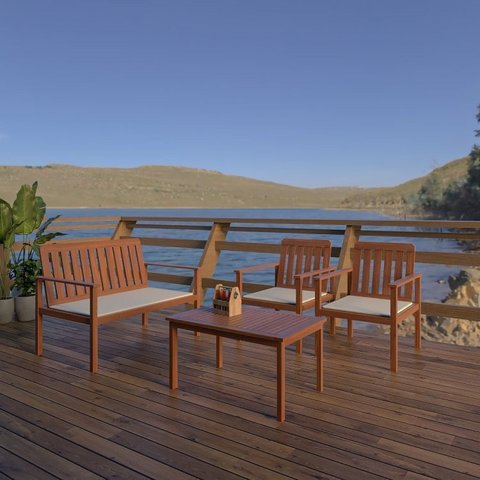 Conjunto para Jardim com Mesa Lateral, 2 Poltronas e Banco em Madeira Maciça Havelock