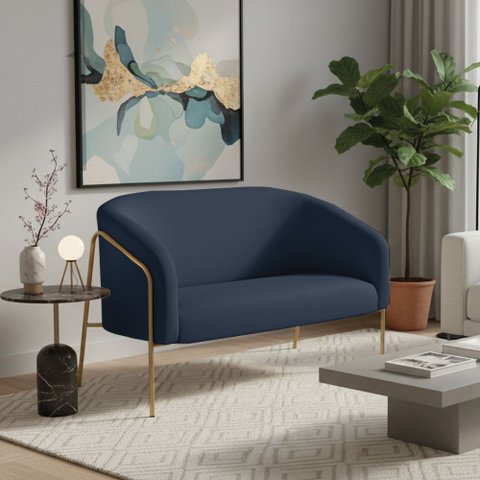 Sofá 2 Lugares Namoradeira Stella Base Industrial Alta Dourada Suede Azul Marinho D03 - D’Rossi