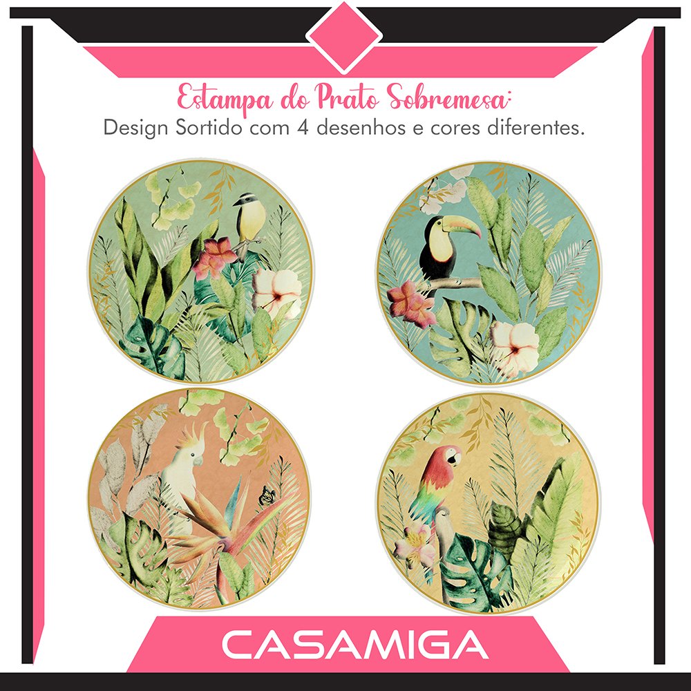 Conjunto 4 Pratos Sobremesa Cerâmica 20,5cm Selva Pássaro - 2