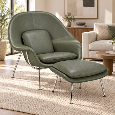 Poltrona Womb Chair com Puff em Couro Ecológico Verde Militar