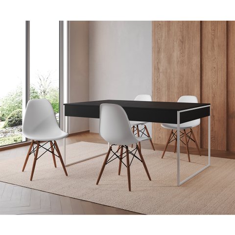 Mesa Jantar Industrial Retangular Filadélfia Preta 137x90cm Base Ferro Branco com 4 Cadeiras Brancas