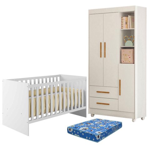 Berço Nacional Life 2186 com Guarda Roupa Flocos Branco Acetinado Colchão Ortobom - Tigus