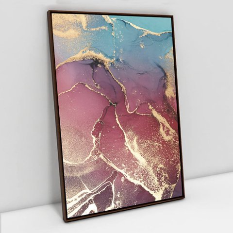 Quadro Decorativo em Canvas Abstrato Mármore Rosa e Azul Perolado TaColado Moldura Flutuante 4,5cm M