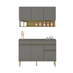 Kit Balcão de Pia com Tampo e Aereo 120 Cm 6 Portas 1 Gaveta Line - Gris/gris/cp-freijó - 7