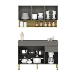 Kit Balcão de Pia com Tampo e Aereo 120 Cm 6 Portas 1 Gaveta Line - Gris/gris/cp-freijó - 4