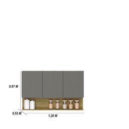 Kit Balcão de Pia com Tampo e Aereo 120 Cm 6 Portas 1 Gaveta Line - Gris/gris/cp-freijó - 3