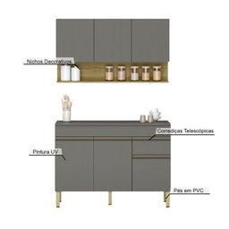 Kit Balcão de Pia com Tampo e Aereo 120 Cm 6 Portas 1 Gaveta Line - Gris/gris/cp-freijó - 5