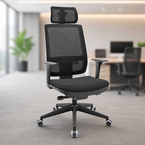 Cadeira de Escritório Ergonômica Presidente Active com Apoio de Cabeça Preto