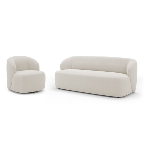 Poltrona Giratória e Sofá Orgânico Living Leez 205cm 03 Lugares Bouclê Off White - Abmaza