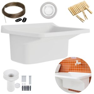 Tanque Lavanderia 40l Branco + Varal em Aço + Prendedor + Ralo
