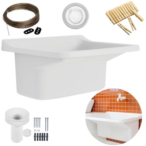 Tanque Lavanderia 40l Branco + Varal em Aço + Prendedor + Ralo