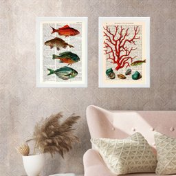 Kit 2 Quadros Casa de Praia- Peixes e Alga 45x34cm:madeira Branca - 1