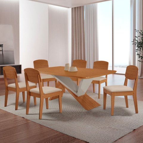 Mesa de Jantar Yasmin 180 Tampo Mdf Laminado Canto Copo e 6 Cadeiras Copper