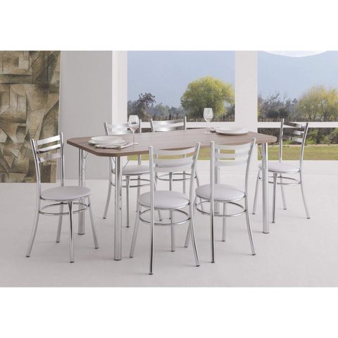Conjunto Cromado Mesa Retangular 4102 Tampo MDP com 6 Cadeiras 404 Assento Estofado Branco