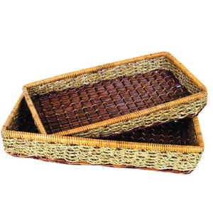 Cesta Retangular 36cmx22cmx4,5cm MUNDIART Revestimento Samambaia Marrom/Natural Ideal Café da Manhã 