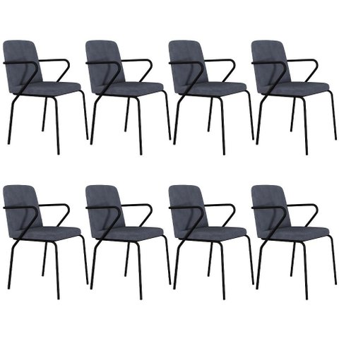 Kit 08 Cadeiras Estofada para Sala de Jantar com Braço Loft Preto C01 Bouclê Nuvem - Lyam Decor