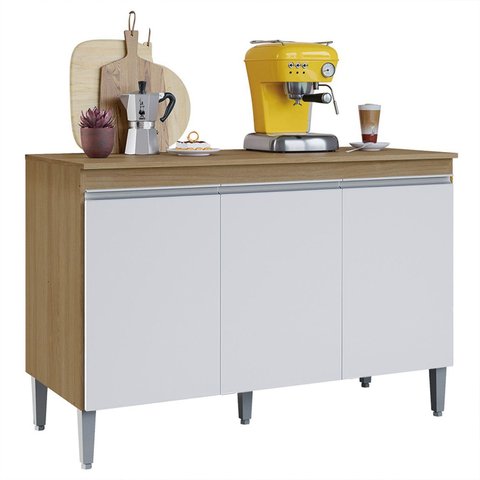 Balcão de Cozinha com Tampo 120cm 3 Portas Manu Amêndoa/branco - Ajl Móveis