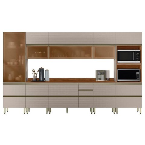 Cozinha Modulada Proença 8 Peças com Cristaleira e Aéreo 120cm Nogueira Touch/nude Prime Tx -