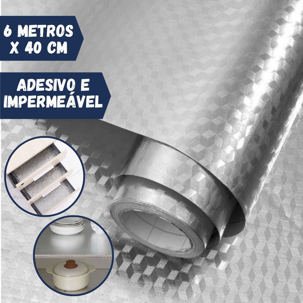 Forro Protetor Adesivo para Cozinha Armários Gavetas Manta Impermeável Alumínio 6mx40cm Prisma - 1