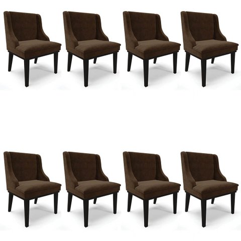 Kit 8 Cadeiras Estofadas para Sala de Jantar Base Fixa de Madeira Preto Lia Suede Marrom - Ibiza