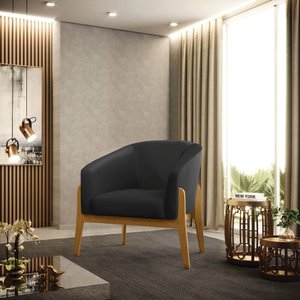 Poltrona Decorativa Stella Corino Preto Base Madeira Fixa para Sala Castanho - D'rossi