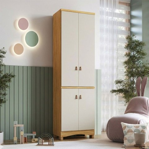 Armário Multiuso Lilo 4 Portas 4 Prateleiras 100% MDF Off White/Amêndoa - Móveis Peroba