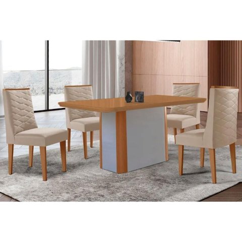 Conjunto: Mesa Sala Jantar Pietá Tampo Curvo 120cm+4 Cadeiras Dafne Madeira Naturale/off White -