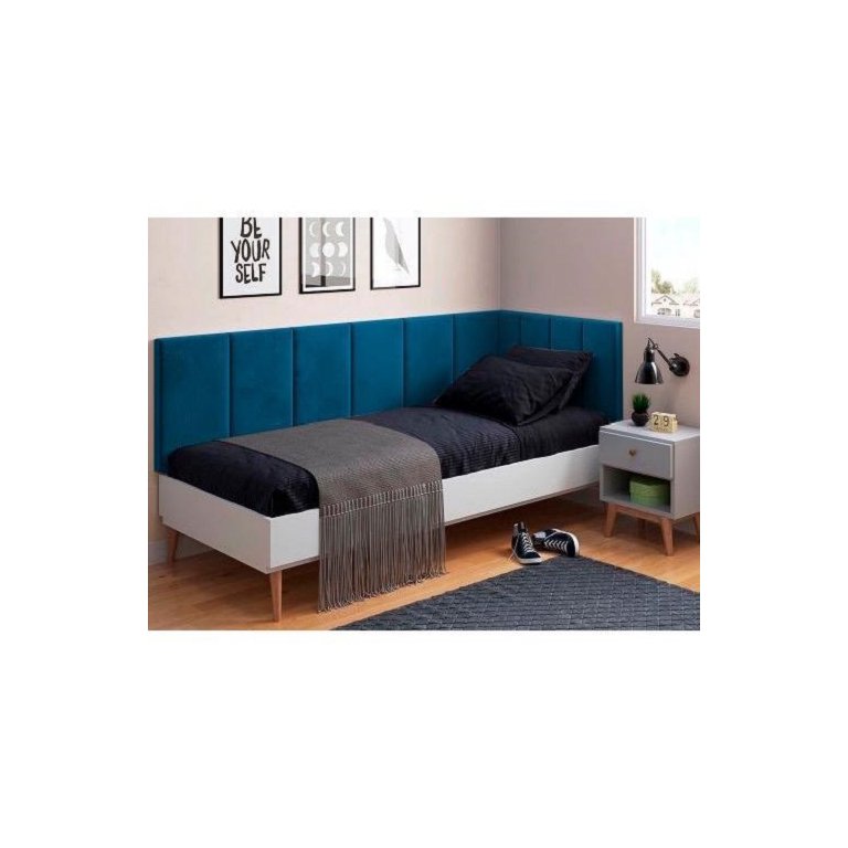 Cabeceira em L para Cama Box Solteiro Proteção Lateral Estofada - Azul Suede