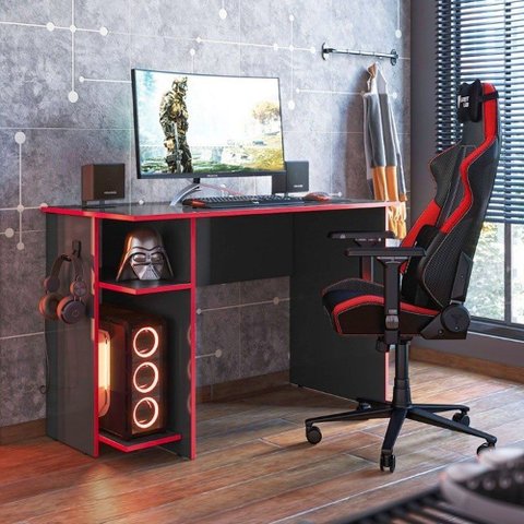 Mesa Computador Gamer 3875 com Suporte Fone de Ouvido - Qmovi Preto / Vermelho