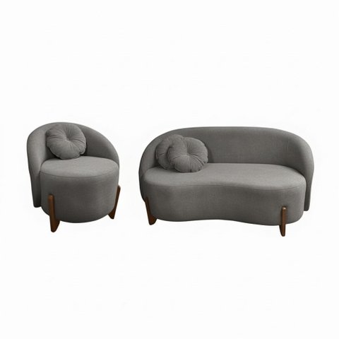 Conjunto 01 Poltrona + Sofá Curvo Orgânico Amsterdã Bouclê Cinza - Montanari's Decor