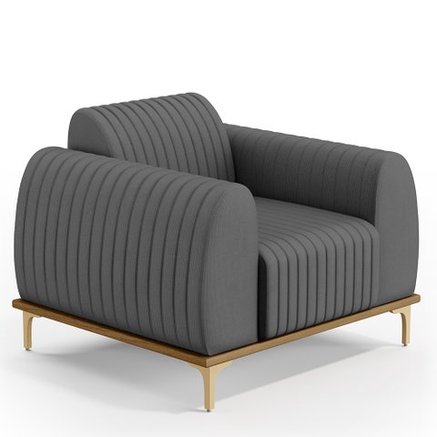 Poltrona Decorativa Base De Madeira Pés Metalizado D'Ouro Molino D02 Veludo Cinza C-317 - Lyam