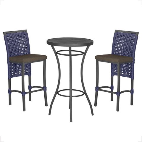 Mesa Bistrô e 2 Banquetas Roma Preta Corda Náutica Estofado 9 Trama Original