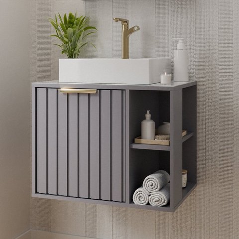 Gabinete para Banheiro 60cm com 1 Porta 2 Nichos e Cuba de Sobrepor Noruega Cinza/Platina
