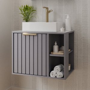 Gabinete para Banheiro 60cm com 1 Porta 2 Nichos e Cuba de Sobrepor Noruega