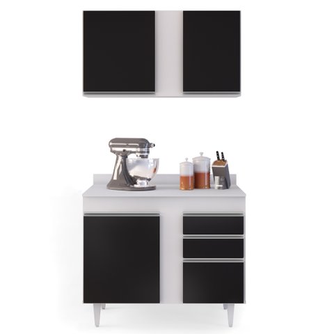 Armário Aéreo Indiana e Balcão Gabinete 100cm Luziania Branco/Preto - Lumil Lumil Móveis