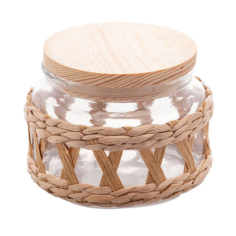Pote de Vidro Decorado C/sisal e Tampa de Madeira 350ml Wolff