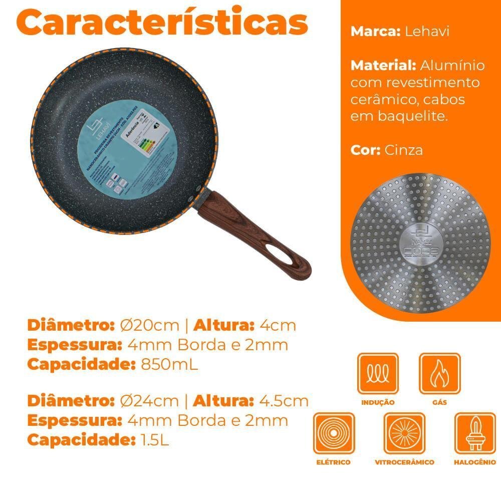 Frigideiras de Indução Antiaderente Cerâmica com Utensílio Cinza 3 Peças - Lehaví - 7