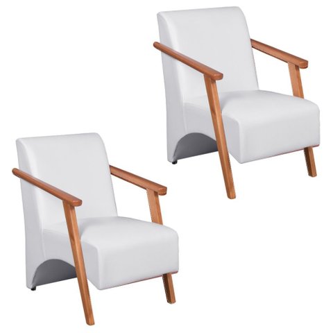 Kit 2 Poltronas Venus 1 Lugar Braço Madeira Maciça Courino Unidecor Branco
