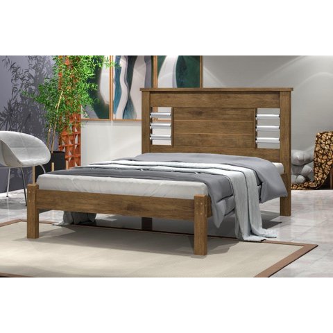 Cama Rai Casal com Cabeceira com Detalhes Cromados 100% Mdf e Estrado em Madeira Cor Jequitiba Ja