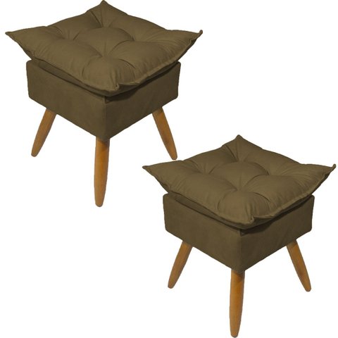 Kit 2 Puff Decorativo Quadrado para Sala Quarto Penteadeira Recepção Alice Pé Palito Castanho Suede