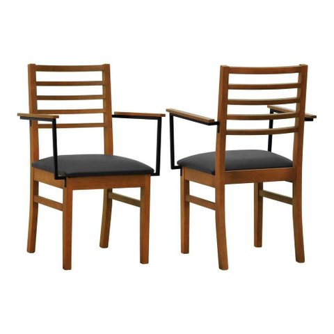 Kit 2 Cadeiras Tiê Madeira Maciça Encosto Ripado C-braço Metal - Amêndoa Assento Estofado Corano