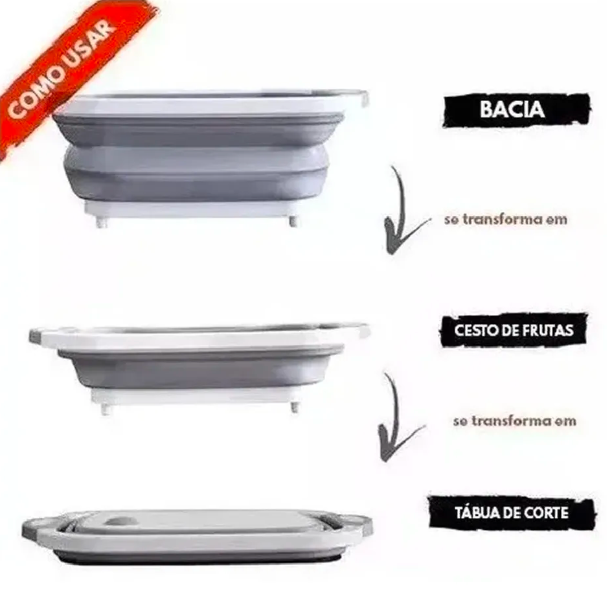 Tábua Escorredor Em Silicone Retrátil 3 Em 1 Corte Bacia Multifuncional Cesto Cozinha Louça Bandeja  - 6