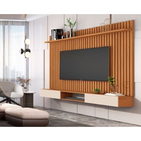 Painel Suspenso Home TV 72 Polegadas Prateleira Ripado e Nicho 1.8 Classic:Nature/Off White