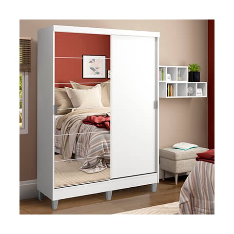 Guarda-roupa Solteiro Madesa Luke 2 Portas de Correr com Espelho com Pés Branco Cor:branco