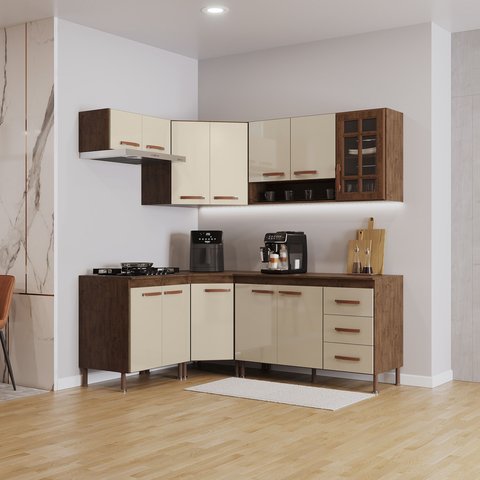 Cozinha Modulada Completa Fidelitá Lisboa 6 Peças 340cm 12 Portas 3 Gavetas com Tampo