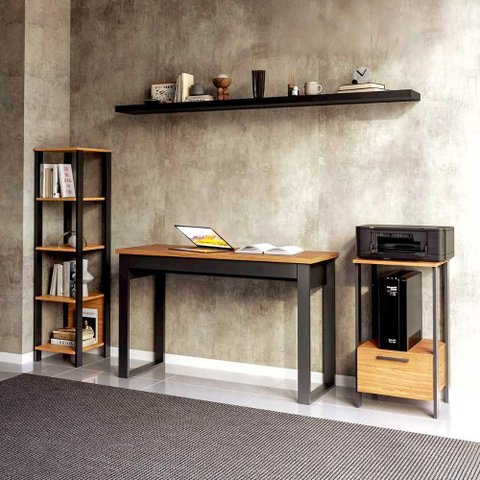 Mesa Escritório com Estante Mesa de Apoio e Prateleira Mdf Cor:preto Fosco com Freijó