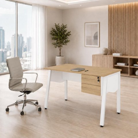Mesa Escrivaninha 120cm x 60cm com Gaveteiro Suspenso e Tampo Chanfrado F5 Office Cor:Macadâmia com