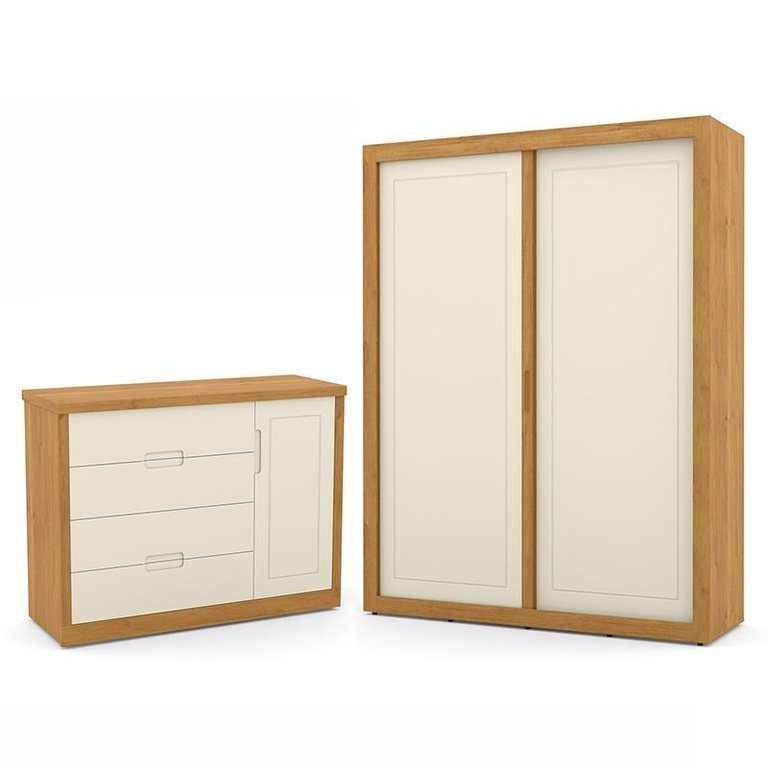 Jogo de Quarto Infantil com Guarda Roupa 2 Portas de Correr e Cômoda Tutto New Off White/Freijó - Ma